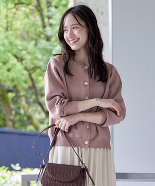 Tiaclasse L 【洗える】中空糸ビジューボタンカーディガン ピンク