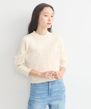 earth music&ecology 胸元チュールドッキングニットプルオーバー Ivory