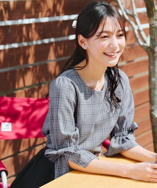 Tiaclasse L 【洗える】リボンスリーブブラウス グレーチェック