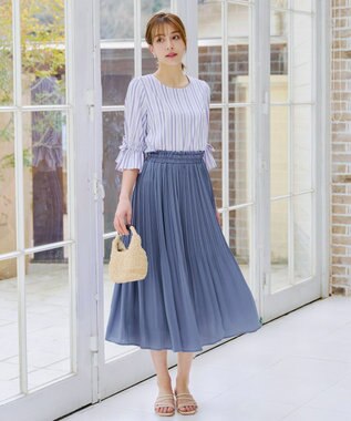 Tiaclasse L 【洗える】リボンスリーブブラウス ブルーストライプ