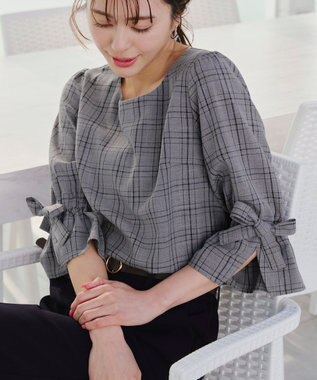 Tiaclasse L 【洗える】リボンスリーブブラウス グレーチェック