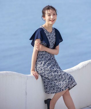 Tiaclasse 【洗える】フレアスリーブ花柄サックワンピース ネイビー