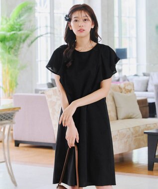 Tiaclasse 【洗える】フレアスリーブ花柄サックワンピース ブラック