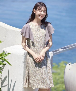 Tiaclasse 【洗える】フレアスリーブ花柄サックワンピース モカ