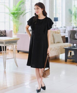 Tiaclasse 【洗える】フレアスリーブ花柄サックワンピース ブラック