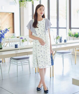 Tiaclasse 【洗える】フレアスリーブ花柄サックワンピース オフホワイト×グレー