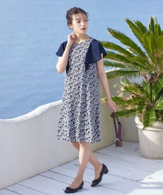 Tiaclasse 【洗える】フレアスリーブ花柄サックワンピース ネイビー