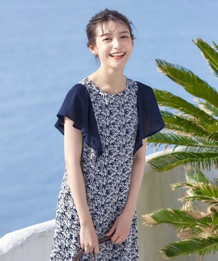 Tiaclasse 【洗える】フレアスリーブ花柄サックワンピース ネイビー