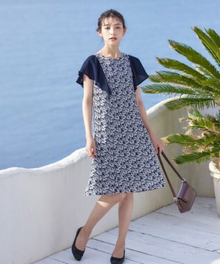 Tiaclasse 【洗える】フレアスリーブ花柄サックワンピース ネイビー