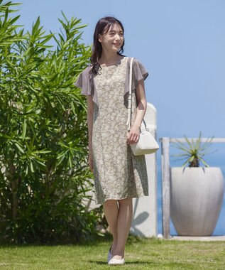 Tiaclasse 【洗える】フレアスリーブ花柄サックワンピース モカ
