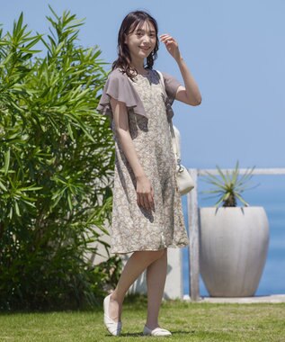 Tiaclasse 【洗える】フレアスリーブ花柄サックワンピース モカ