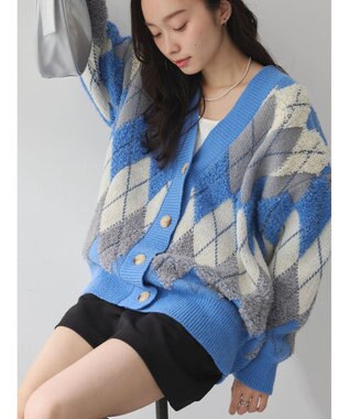 earth music&ecology ループ編みアーガイルカーディガン Blue