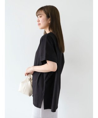 Green Parks インド綿 フレンチスリーブ前後差カットプルオーバー Black