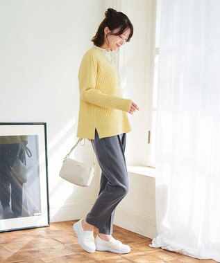 Tiaclasse L 【洗える】Vネックリブ編みニット イエロー