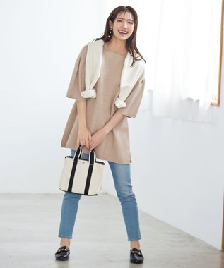 Tiaclasse L 【洗える】タックベルスリーブニットチュニック ベージュ