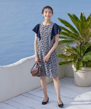 Tiaclasse 【洗える】フレアスリーブ花柄サックワンピース ネイビー