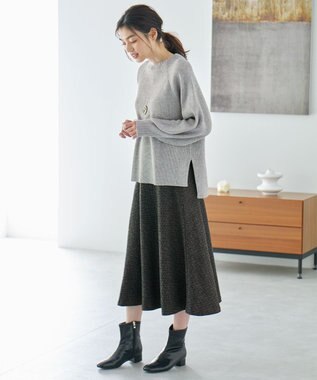 ANY 【ウエストゴム】ループツイードヘリンボーンフレアスカート ブラックベース