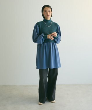 Green Parks ａ．布帛切り替えニットミニワンピース Blue