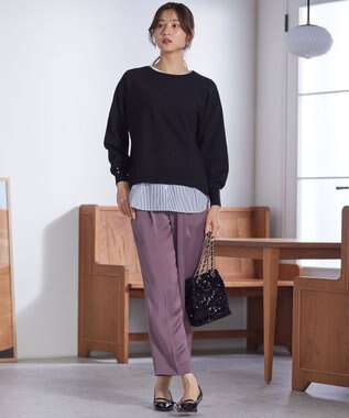 ANY SIS 【洗える】シャツコンビレイヤード カットソー ネイビーストライプ