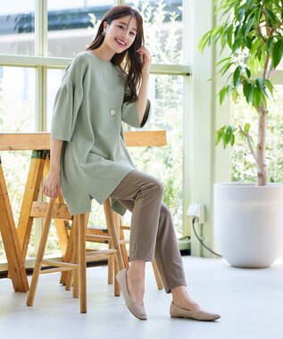 Tiaclasse 【洗える】タックベルスリーブニットチュニック ミント