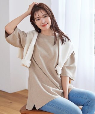 Tiaclasse L 【洗える】タックベルスリーブニットチュニック ベージュ