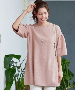 Tiaclasse 【洗える】タックベルスリーブニットチュニック ピンク