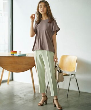 組曲 L 【UVケア・接触冷感】GIZAプレーティング天竺フリルスリーブ Tシャツ モカブラウン系