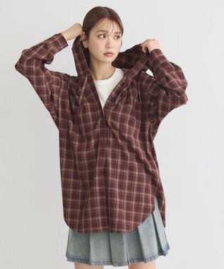 earth music&ecology フーディーチェックシャツ Bordeaux