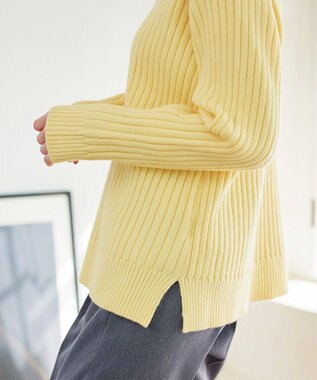 Tiaclasse L 【洗える】Vネックリブ編みニット イエロー