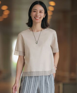 J.PRESS LADIES 【一枚で着映え】コットンスムース レース カットソー グレージュ系