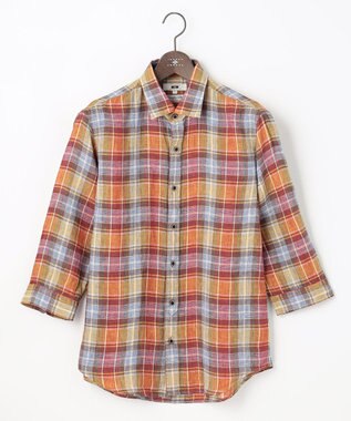JOSEPH ABBOUD 【キングサイズ・アルビニリネン】チェック七分袖シャツ オレンジ系4