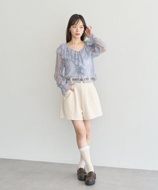 earth music&ecology ＳＥＴ２点ラッフルレースブラウス＋キャミソール Grayish Blue