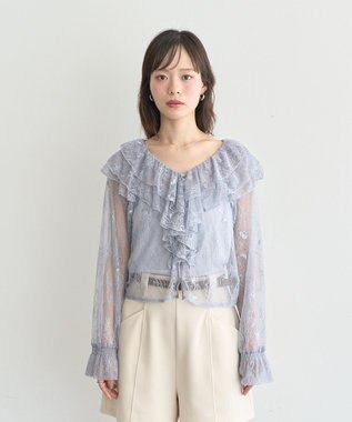 earth music&ecology ＳＥＴ２点ラッフルレースブラウス＋キャミソール Grayish Blue