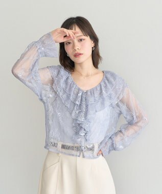 earth music&ecology ＳＥＴ２点ラッフルレースブラウス＋キャミソール Grayish Blue