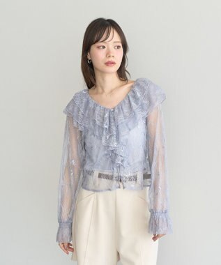earth music&ecology ＳＥＴ２点ラッフルレースブラウス＋キャミソール Grayish Blue