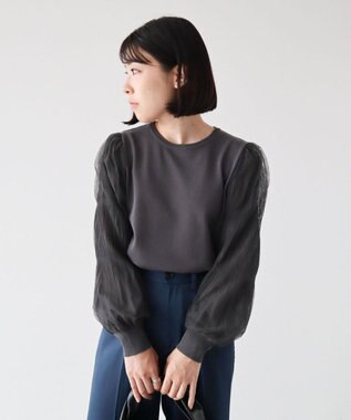 Green Parks 袖チュールマジョリカドッキングニットプルオーバー Gray