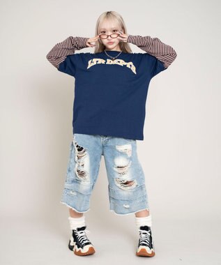 WEGO 【ユニセックス着用ITEM/MLサイズ展開】チェックカレッジグラフィックT（SS） ネイビー