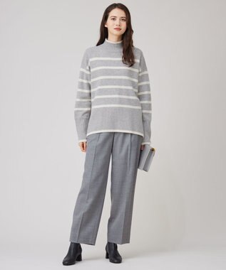 自由区 L 【WEB限定カラーあり・洗える】ウールカシミヤブレンドハイネック ニット [WEB限定]グレー×オフボーダー