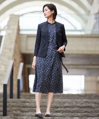 J.PRESS LADIES L 【洗える】 スパンローンフラワー バンドカラー ワンピース ネイビー系5