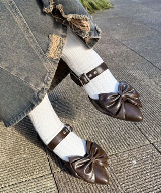 WEGO ダブルリボンポインテッドシューズ ブラウン