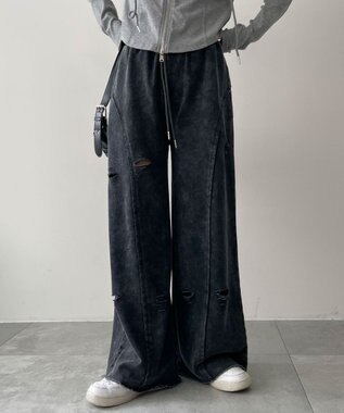 WEGO 【ウエストゴム】ヴィンテージウォッシュスウェットワイドパンツ ブラックその他