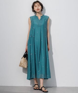 23区 【先行予約/WEB&一部店舗限定】シアーワッシャー 刺繍 ワンピース ターコイズ×グレーフラワー系