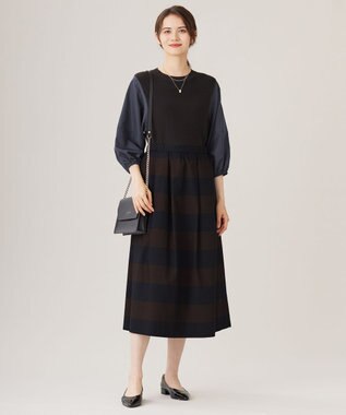 自由区 L 【カタログ掲載・洗える】スラブシャンタン スカート ネイビー×ブラウン