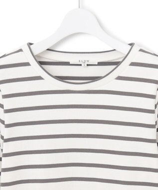 23区 【SLOW/一部店舗限定】ミドルフライスジャージー 長袖カットソー オフホワイトxグレーボーダー