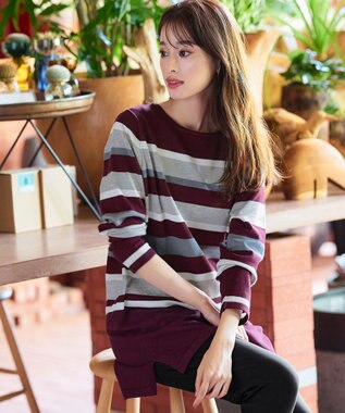 Tiaclasse 【洗える】マルチボーダーニットチュニック ボルドー