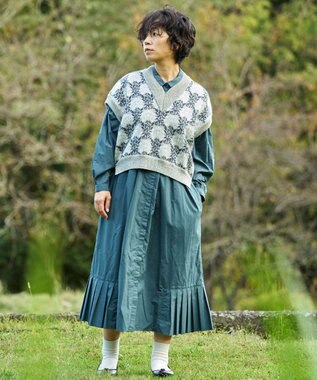 muuc 〈オーガニックコットン〉〈コットンブロード生地〉〈カラーにより異なる生地〉〈通年着られる〉コットン裾プリ ーツ 前開き ワンピース ブルーグリーン