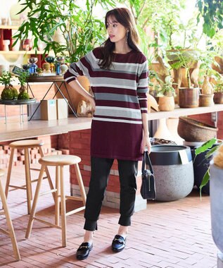 Tiaclasse 【洗える】マルチボーダーニットチュニック ボルドー