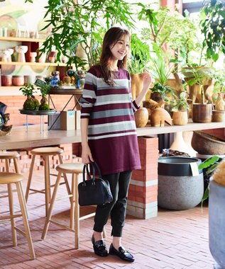 Tiaclasse 【洗える】マルチボーダーニットチュニック ボルドー