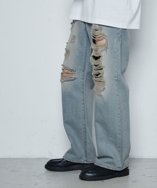 WEGO ダメージデニムワイドパンツ デニム中濃加工色