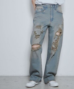 WEGO ダメージデニムワイドパンツ デニム中濃加工色